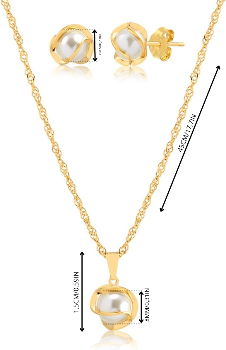Elyra Joyas | Set Perla Dorada Collar y Aros Bañados en Oro 18K