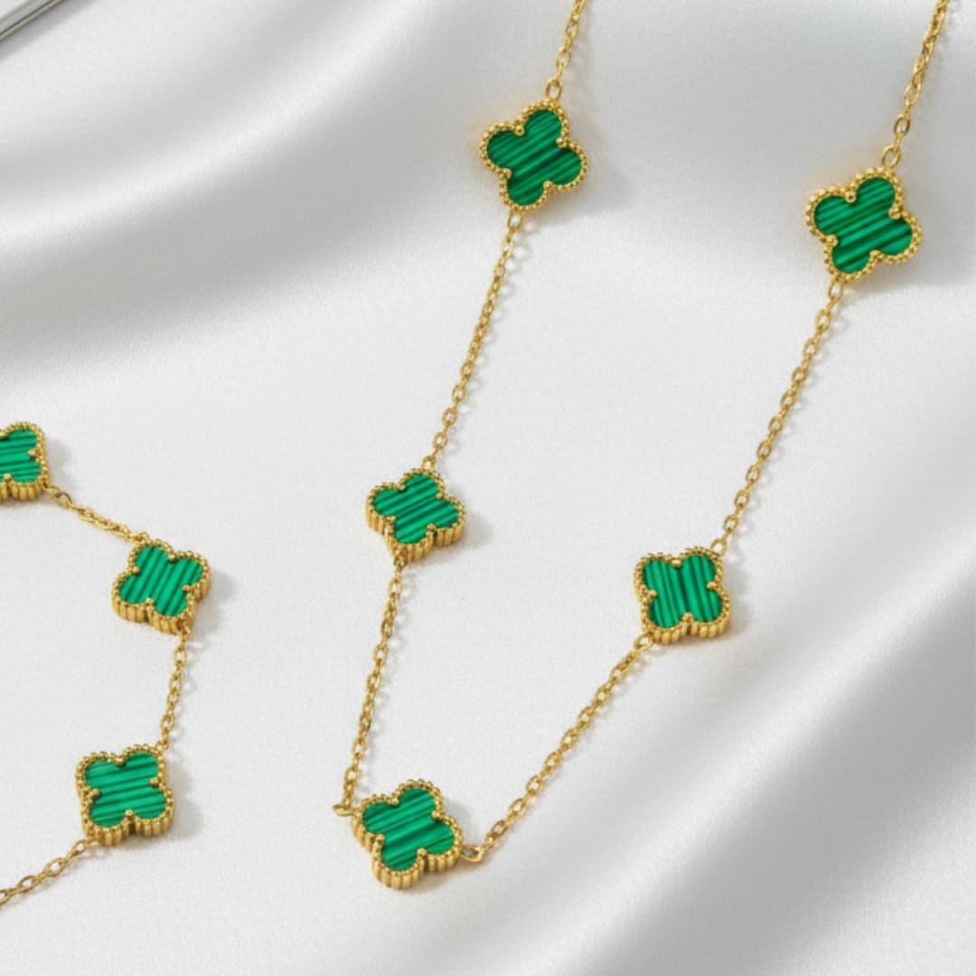 Elyra Joyas | Set Trébol Verde de Acero Inoxidable
