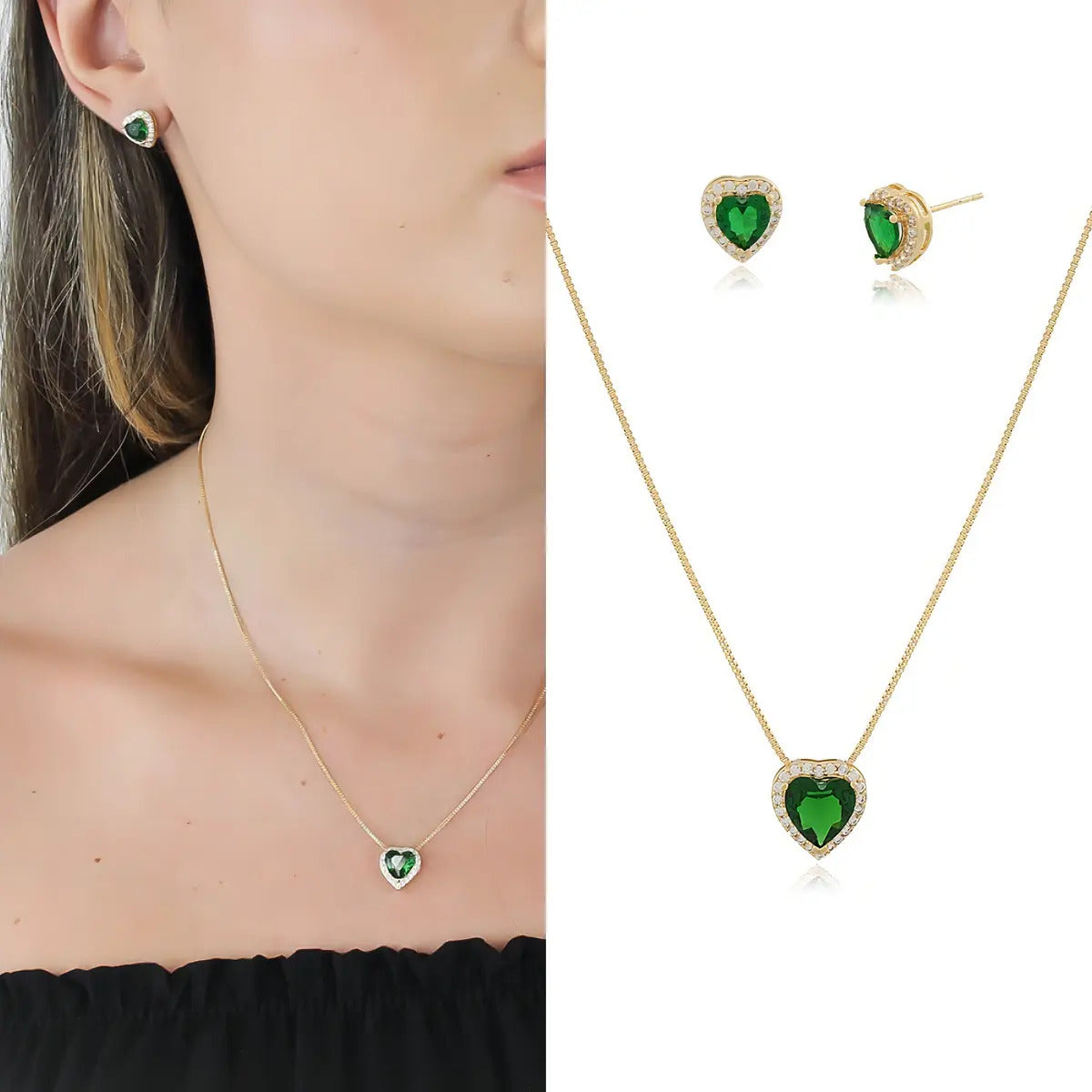 Conjunto Stella Semi Joias Colar E Brinco Coração Pedra Verde Banhado Ouro