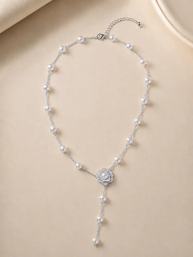 Conjunto Colar Gravata Brinco Flor Pérola Cravejada Premium