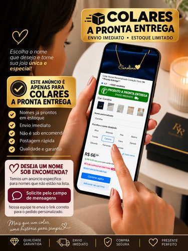 Colar Nome Personalizado Coração Ouro 18k Presente