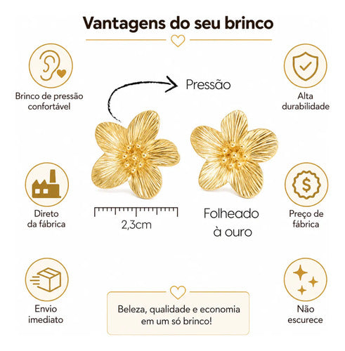 Brinco Pressão Flor Dourado Semijoia Feminina Folheado