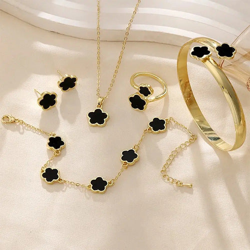 Kit Joias Femininas 5 Peças Trevo Black Premium Ouro Gold