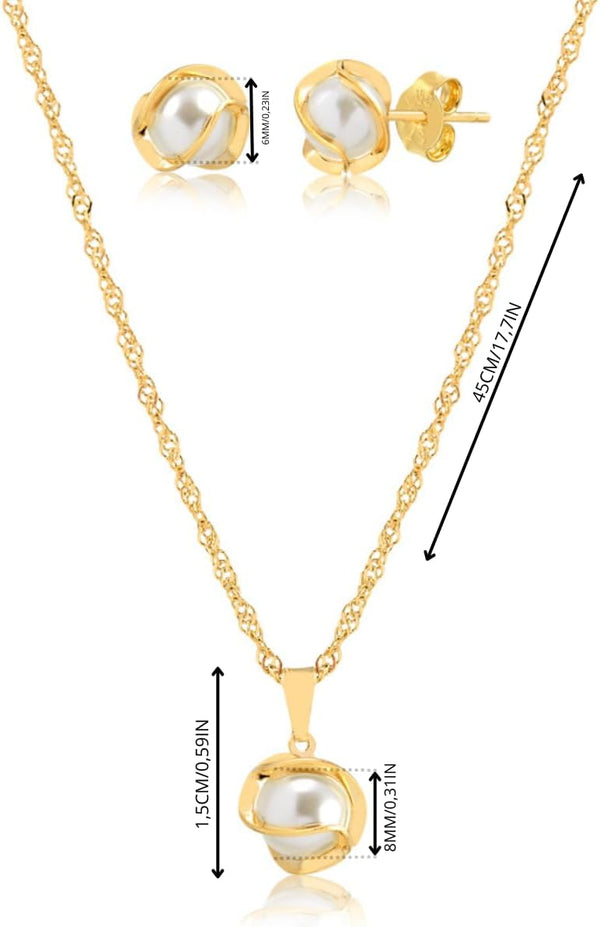 Elyra Joyas | Set Perla Dorada Collar y Aros Bañados en Oro 18K