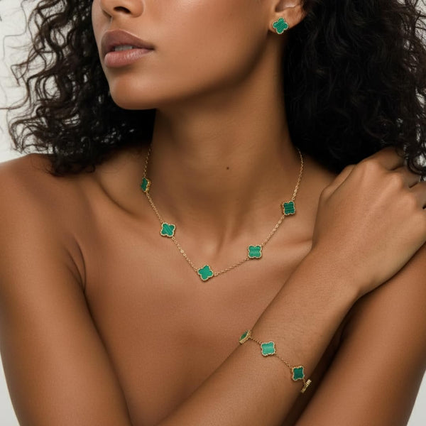 Elyra Joyas | Set Trébol Verde de Acero Inoxidable