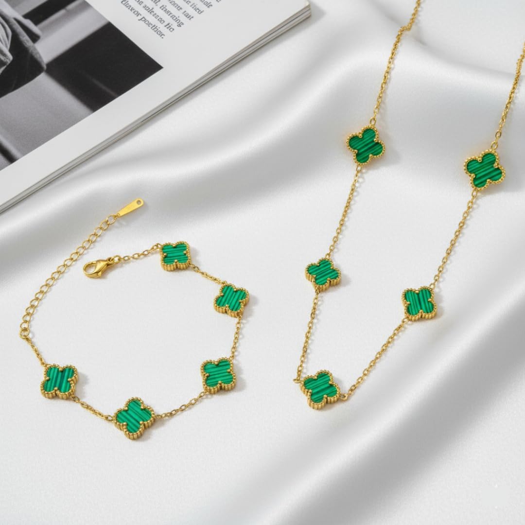 Elyra Joyas | Set Trébol Verde de Acero Inoxidable