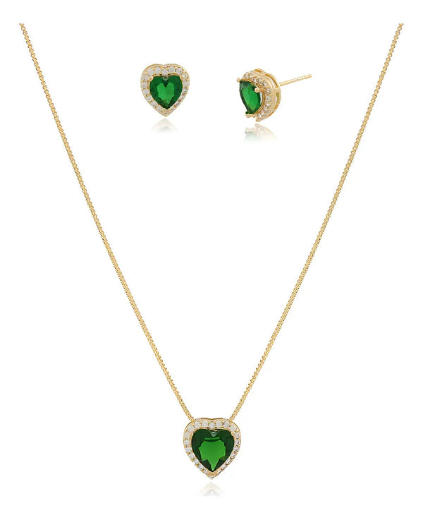 Conjunto Stella Semi Joias Colar E Brinco Coração Pedra Verde Banhado Ouro