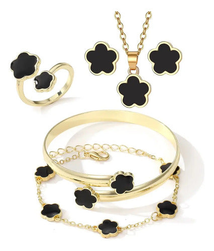 Kit Joias Femininas 5 Peças Trevo Black Premium Ouro Gold