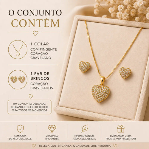 Conjunto Colar E Brinco Coração Presente Namorada Esposa