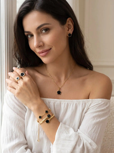 Kit Joias Femininas 5 Peças Trevo Black Premium Ouro Gold