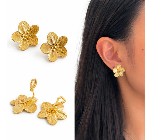 Brinco Pressão Flor Dourado  Semijoia Feminina Folheado