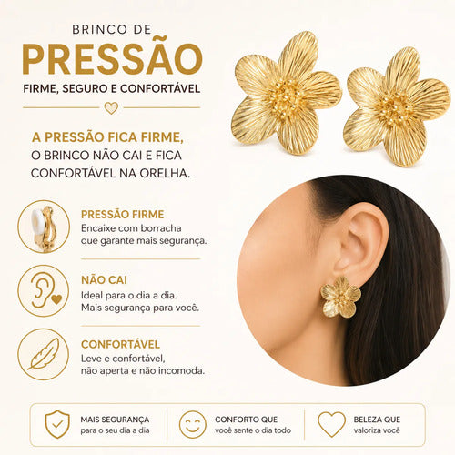 Brinco Pressão Flor Dourado  Semijoia Feminina Folheado
