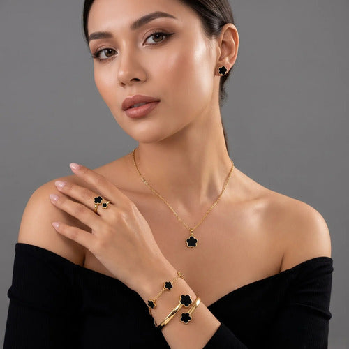 Kit Joias Femininas 5 Peças Trevo Black Premium Ouro Gold