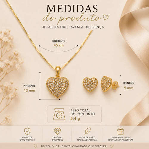 Conjunto Colar E Brinco Coração Presente Namorada Esposa
