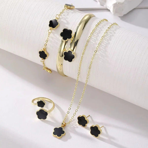 Kit Joias Femininas 5 Peças Trevo Black Premium Ouro Gold