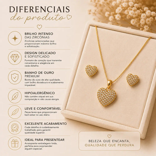 Conjunto Colar E Brinco Coração Presente Namorada Esposa