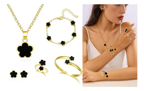 Kit Joias Femininas 5 Peças Trevo Black Premium Ouro Gold