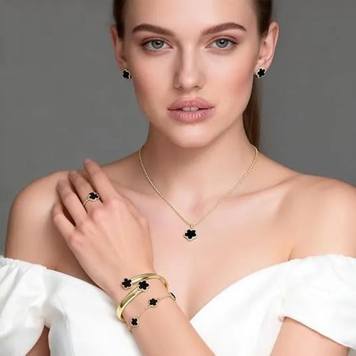 Kit Joias Femininas 5 Peças Trevo Black Premium Ouro Gold